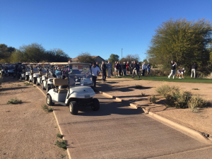 fun time, everyone tees off together. Head on swivel required